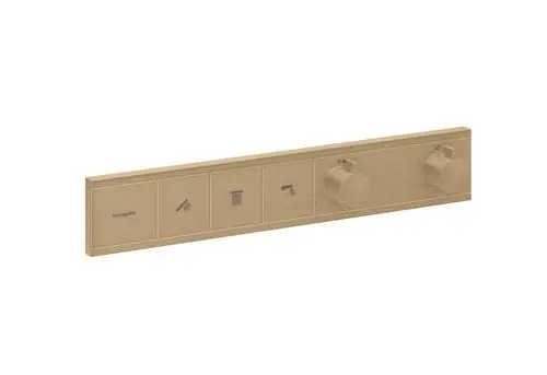 Thermostatsteuerung von Hansgrohe in gebürsteter Bronze für drei Verbraucher mit Bedienelementen zur Temperatur- und Wassermengenregelung.